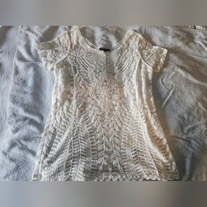 Krazy Kat Studio White Embroidered Mesh Blouse Size L Boho Sheer Floral Top